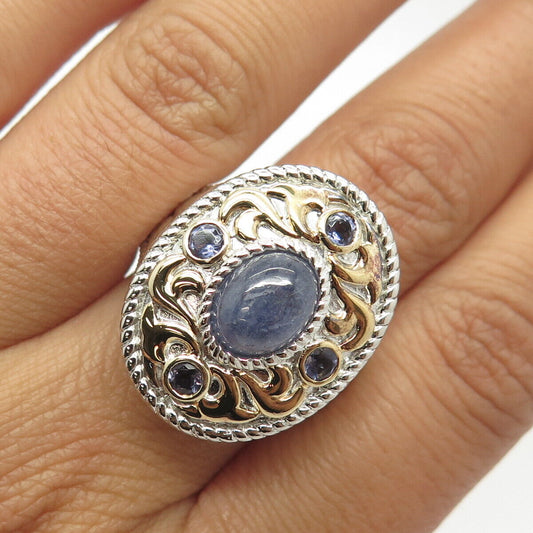 925 Sterling Silver 2-Tone Michelle Albala Real Tanzanite Ornate Ring Size 10.25