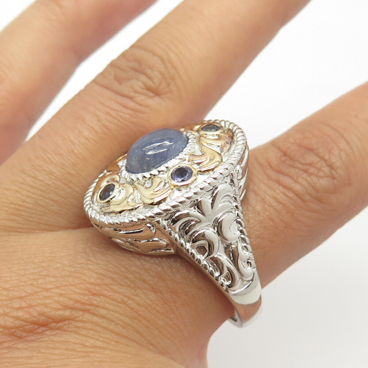 925 Sterling Silver 2-Tone Michelle Albala Real Tanzanite Ornate Ring Size 10.25