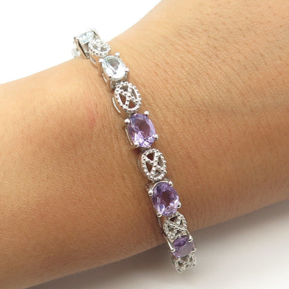 925 Sterling Silver Real Amethyst & Blue Topaz Tennis Link Bracelet 7"