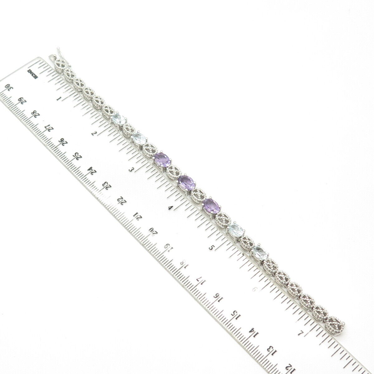 925 Sterling Silver Real Amethyst & Blue Topaz Tennis Link Bracelet 7"