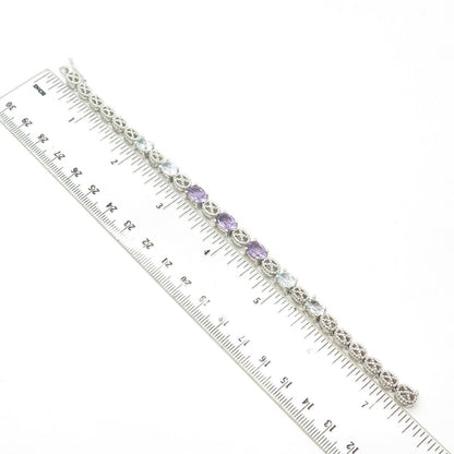 925 Sterling Silver Real Amethyst & Blue Topaz Tennis Link Bracelet 7"