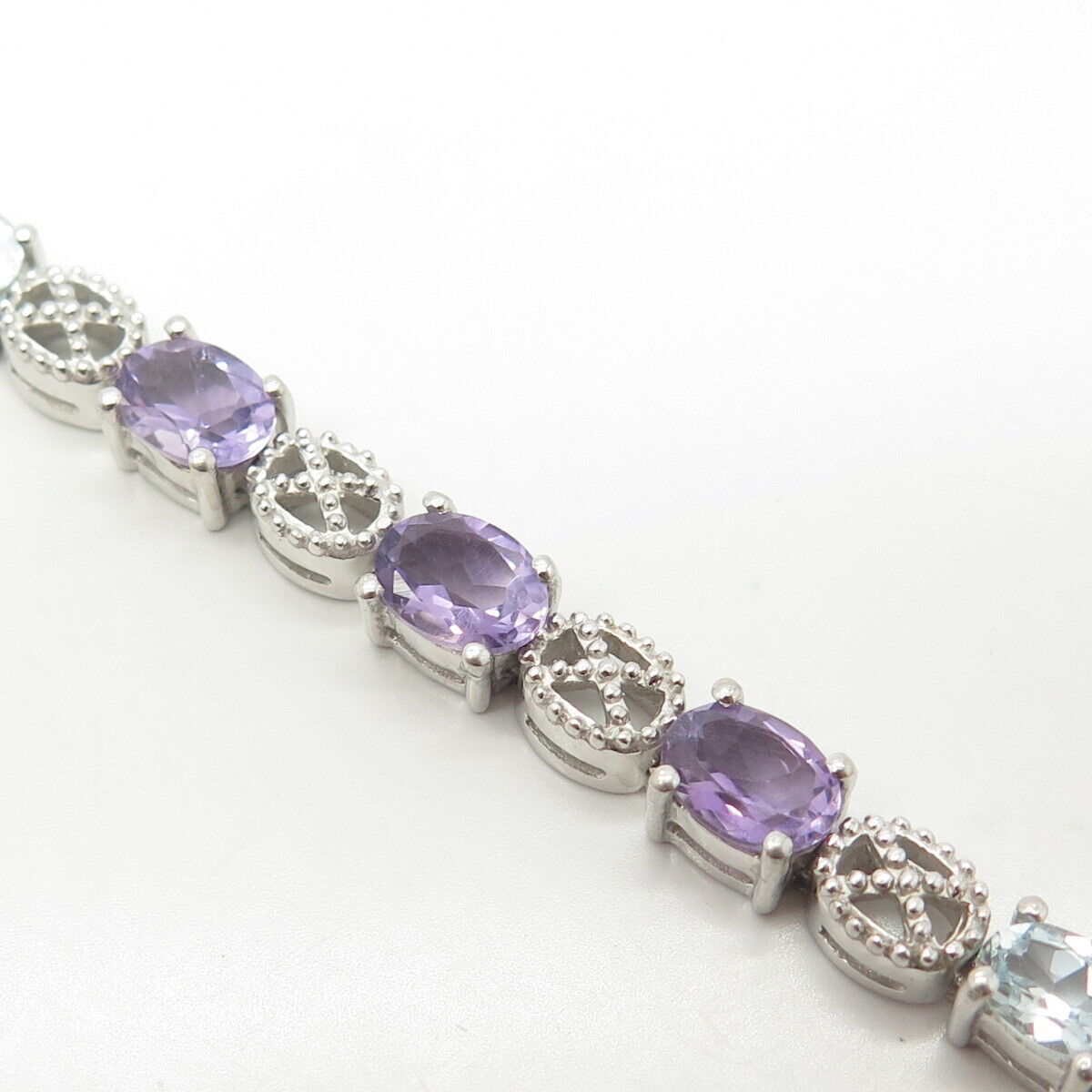 925 Sterling Silver Real Amethyst & Blue Topaz Tennis Link Bracelet 7"