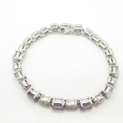 925 Sterling Silver Real Amethyst & Blue Topaz Tennis Link Bracelet 7"