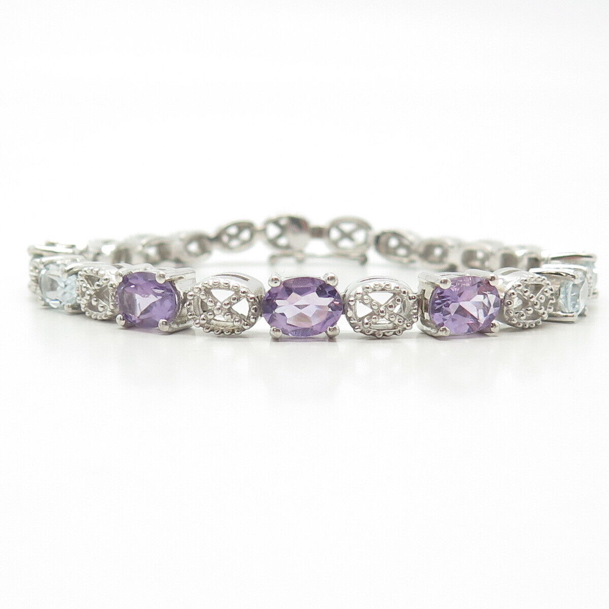 925 Sterling Silver Real Amethyst & Blue Topaz Tennis Link Bracelet 7"