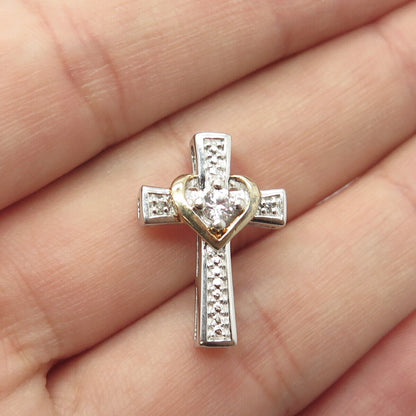 925 Sterling Silver 2-Tone Real White Topaz Heart Cross Pendant