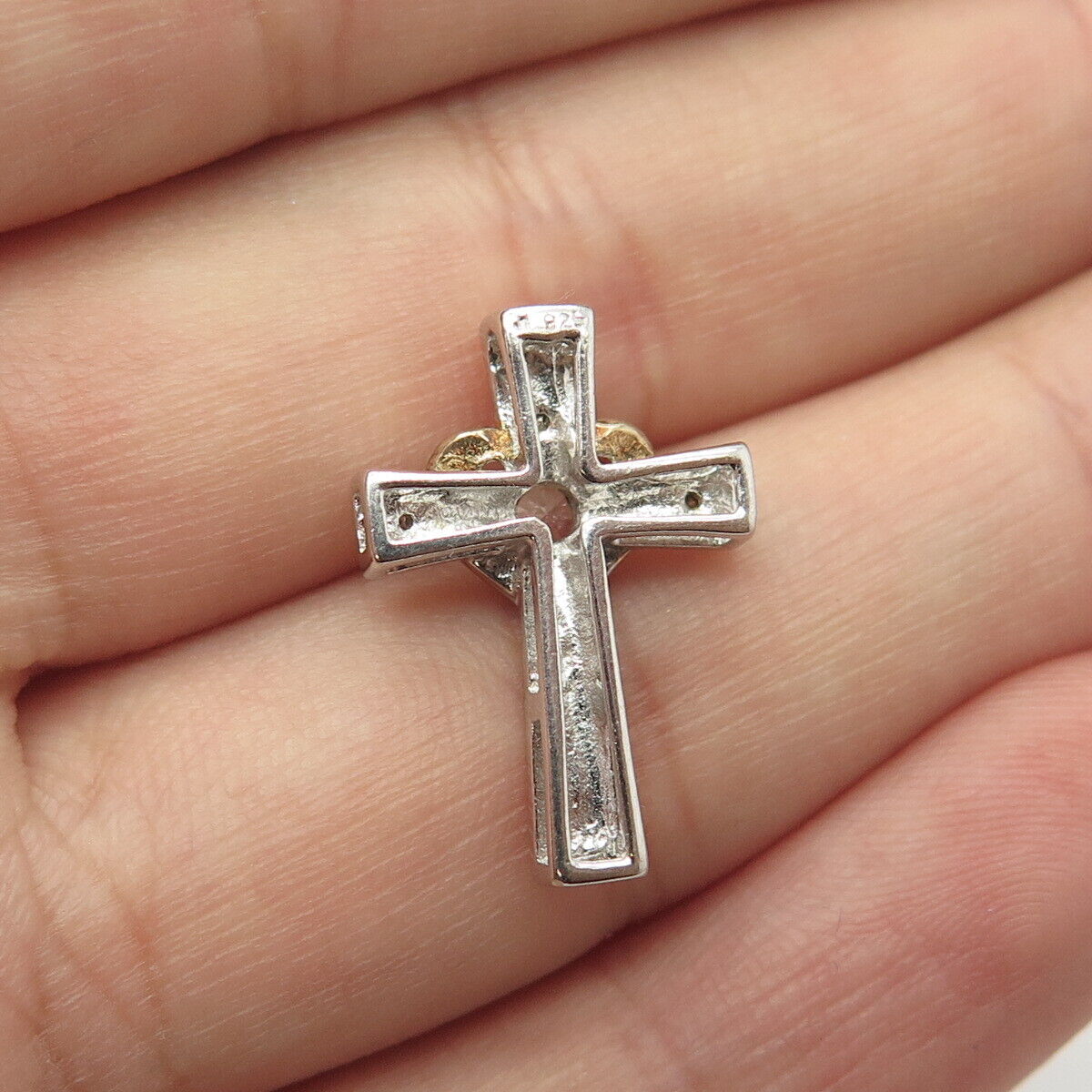 925 Sterling Silver 2-Tone Real White Topaz Heart Cross Pendant