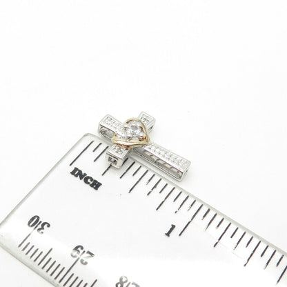 925 Sterling Silver 2-Tone Real White Topaz Heart Cross Pendant