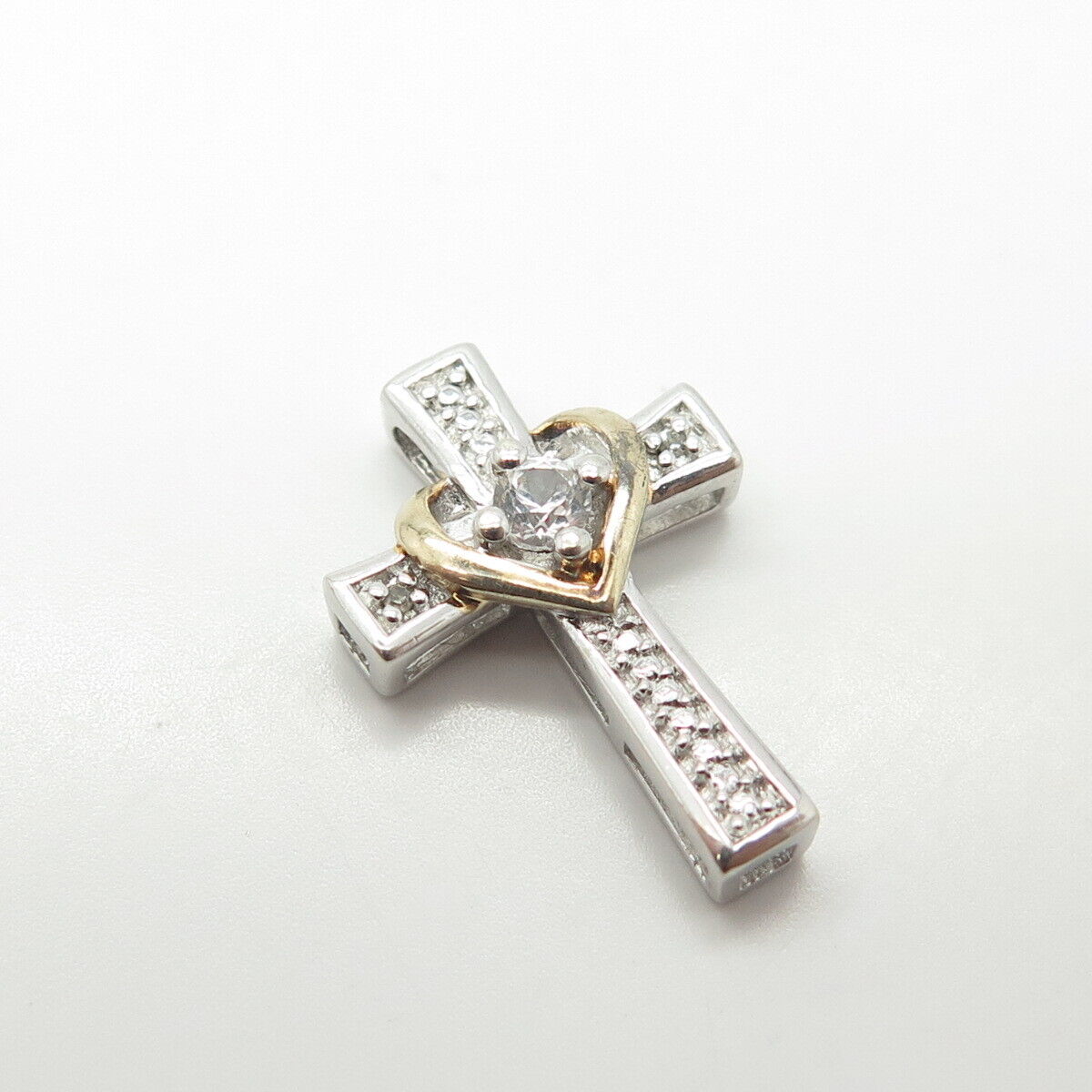 925 Sterling Silver 2-Tone Real White Topaz Heart Cross Pendant