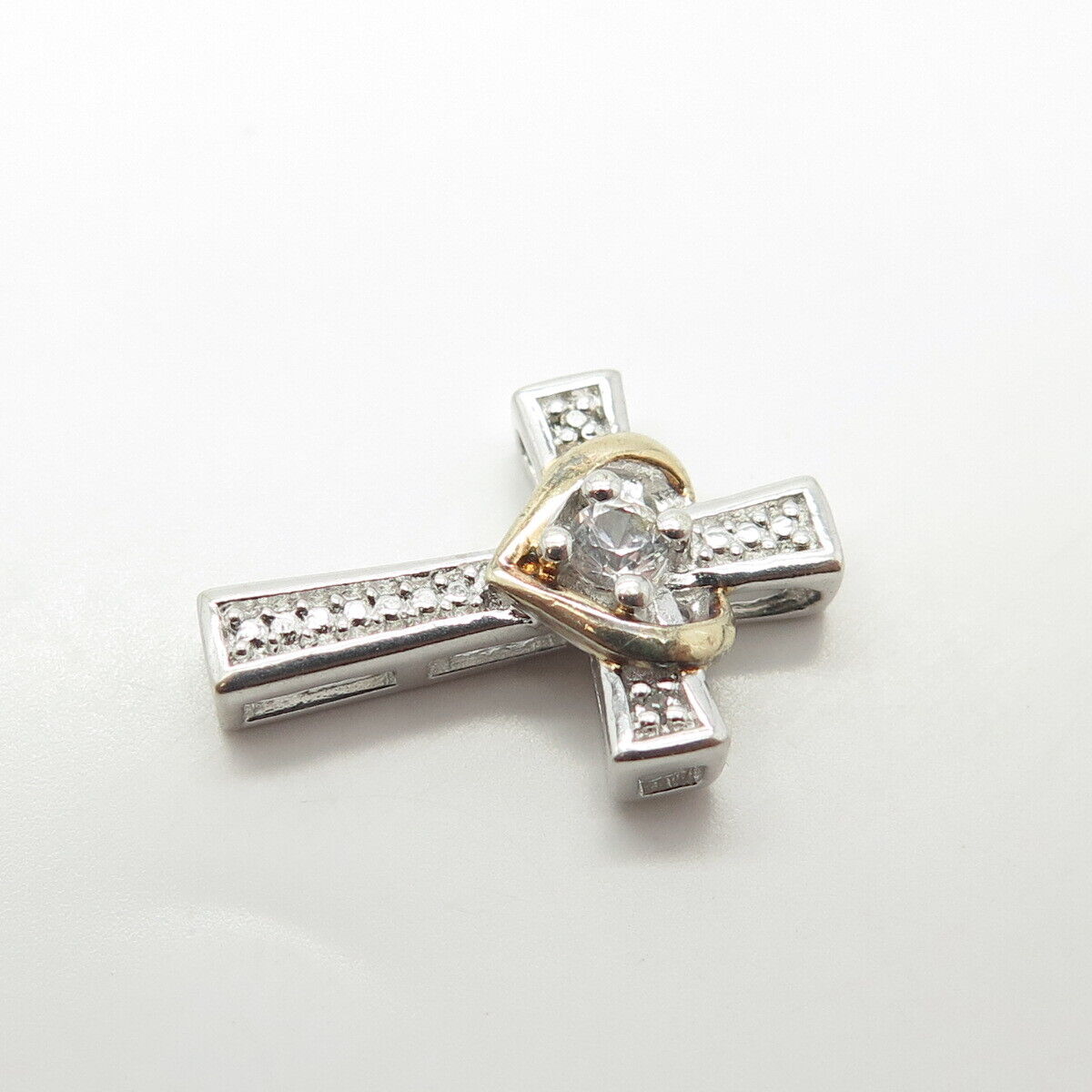 925 Sterling Silver 2-Tone Real White Topaz Heart Cross Pendant