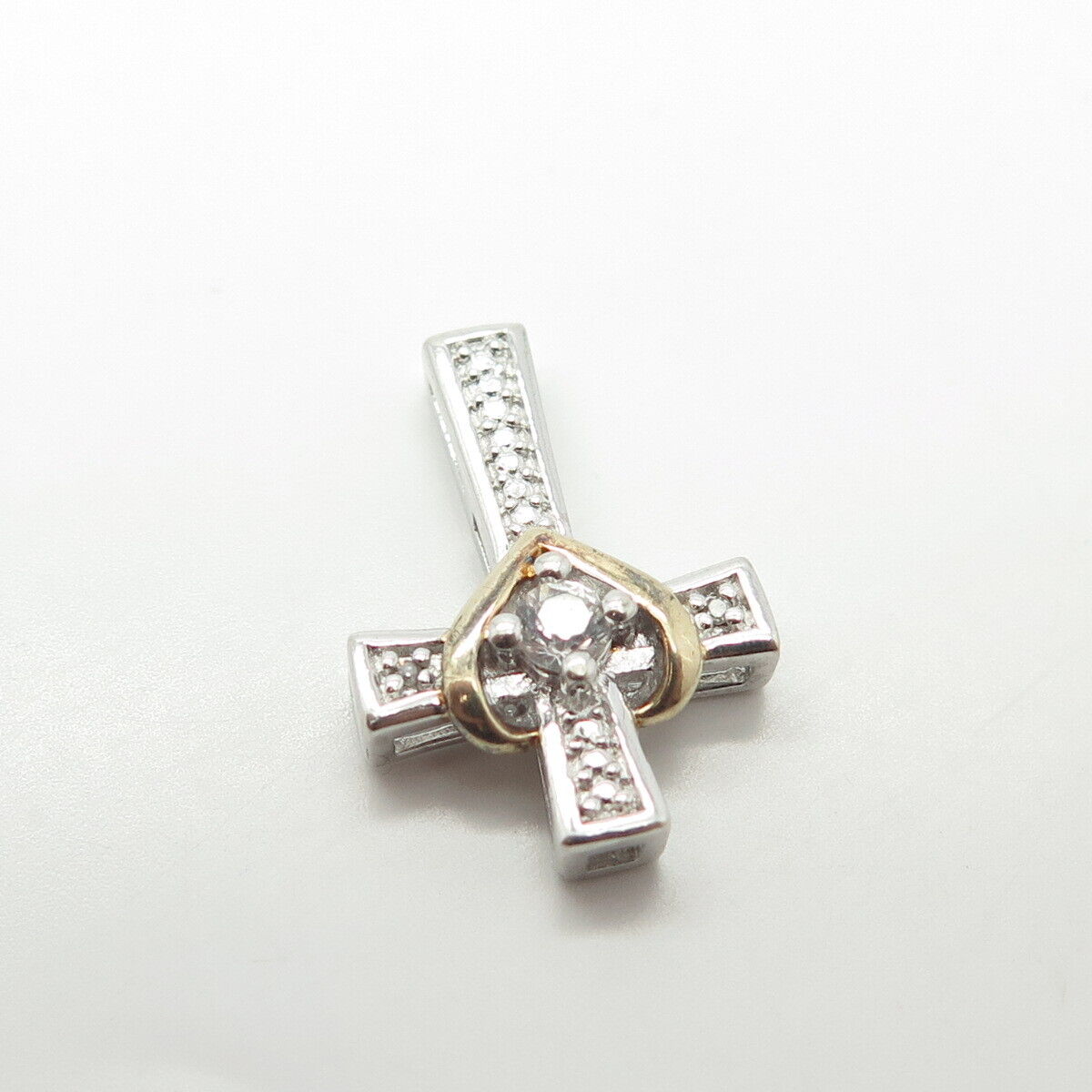 925 Sterling Silver 2-Tone Real White Topaz Heart Cross Pendant