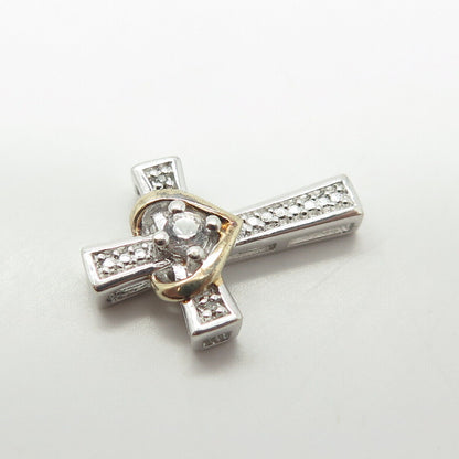 925 Sterling Silver 2-Tone Real White Topaz Heart Cross Pendant