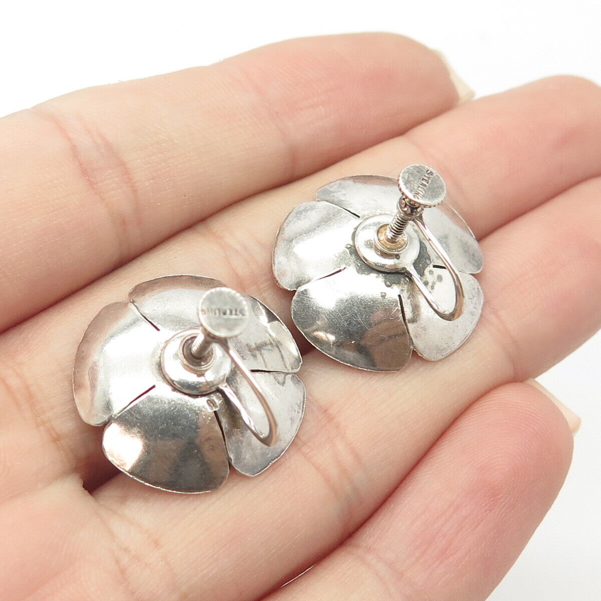 925 Sterling Silver Antique Art Deco Floral Screw Back Earrings