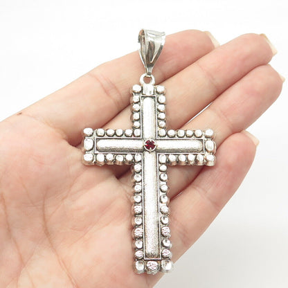 925 Sterling Silver Vintage Red Rhinestone Beaded Cross Pendant