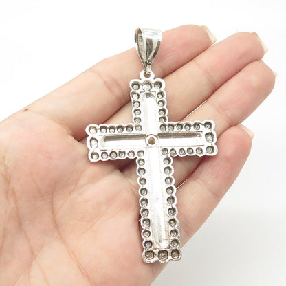 925 Sterling Silver Vintage Red Rhinestone Beaded Cross Pendant