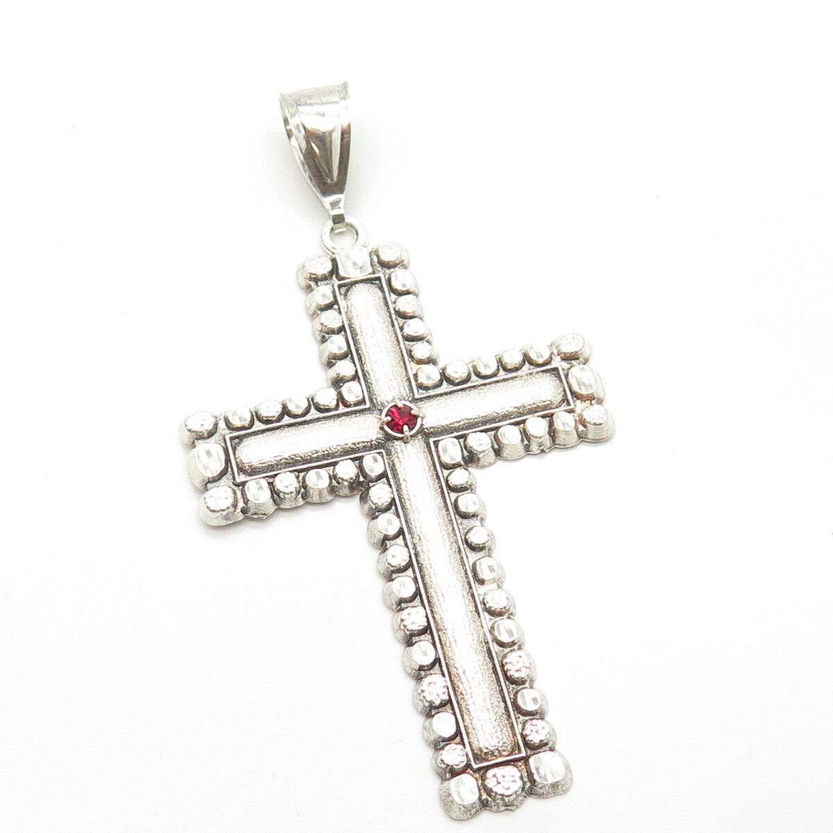 925 Sterling Silver Vintage Red Rhinestone Beaded Cross Pendant