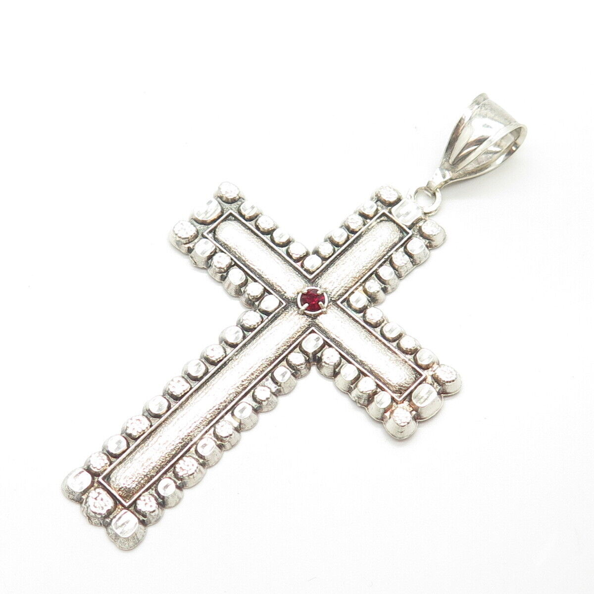 925 Sterling Silver Vintage Red Rhinestone Beaded Cross Pendant