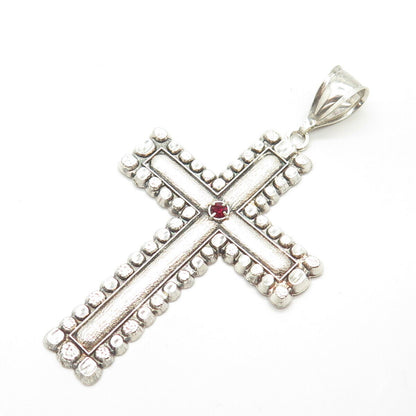 925 Sterling Silver Vintage Red Rhinestone Beaded Cross Pendant