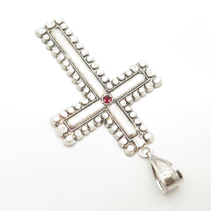 925 Sterling Silver Vintage Red Rhinestone Beaded Cross Pendant