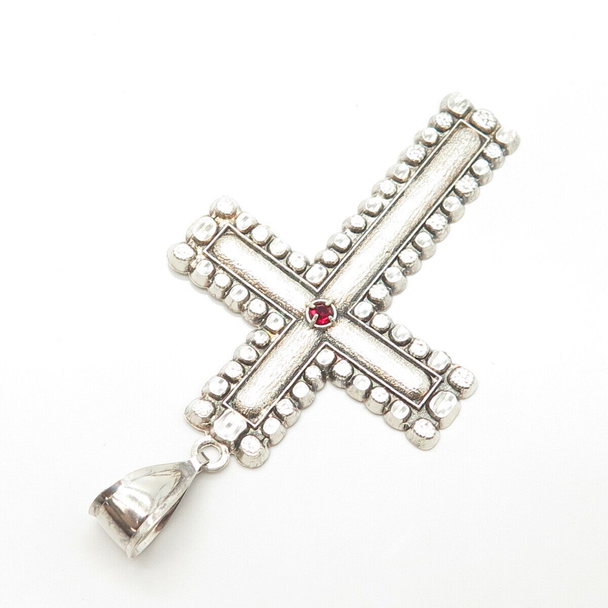 925 Sterling Silver Vintage Red Rhinestone Beaded Cross Pendant