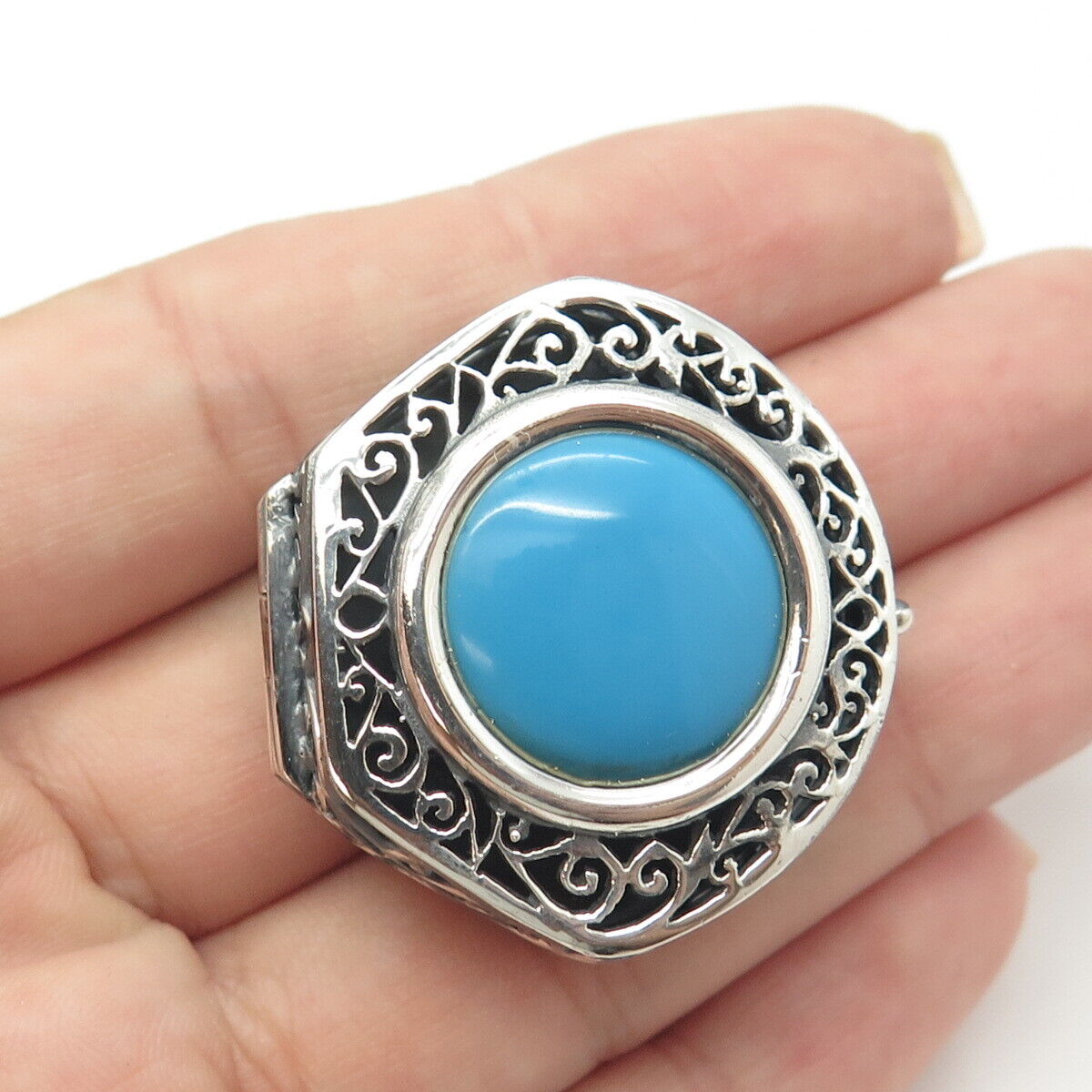 925 Sterling Silver Vintage Faux Turquoise Ornate Box / Case