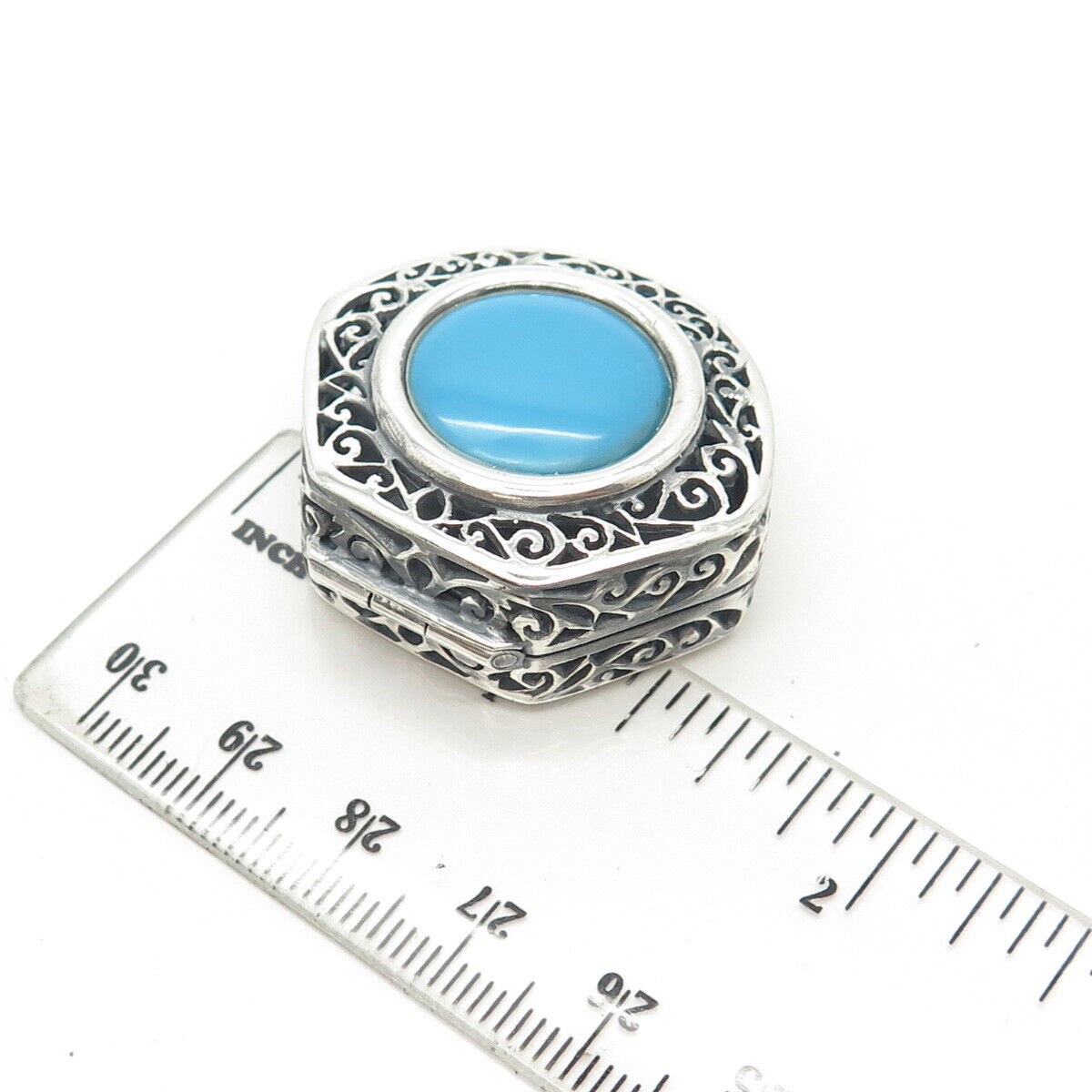 925 Sterling Silver Vintage Faux Turquoise Ornate Box / Case