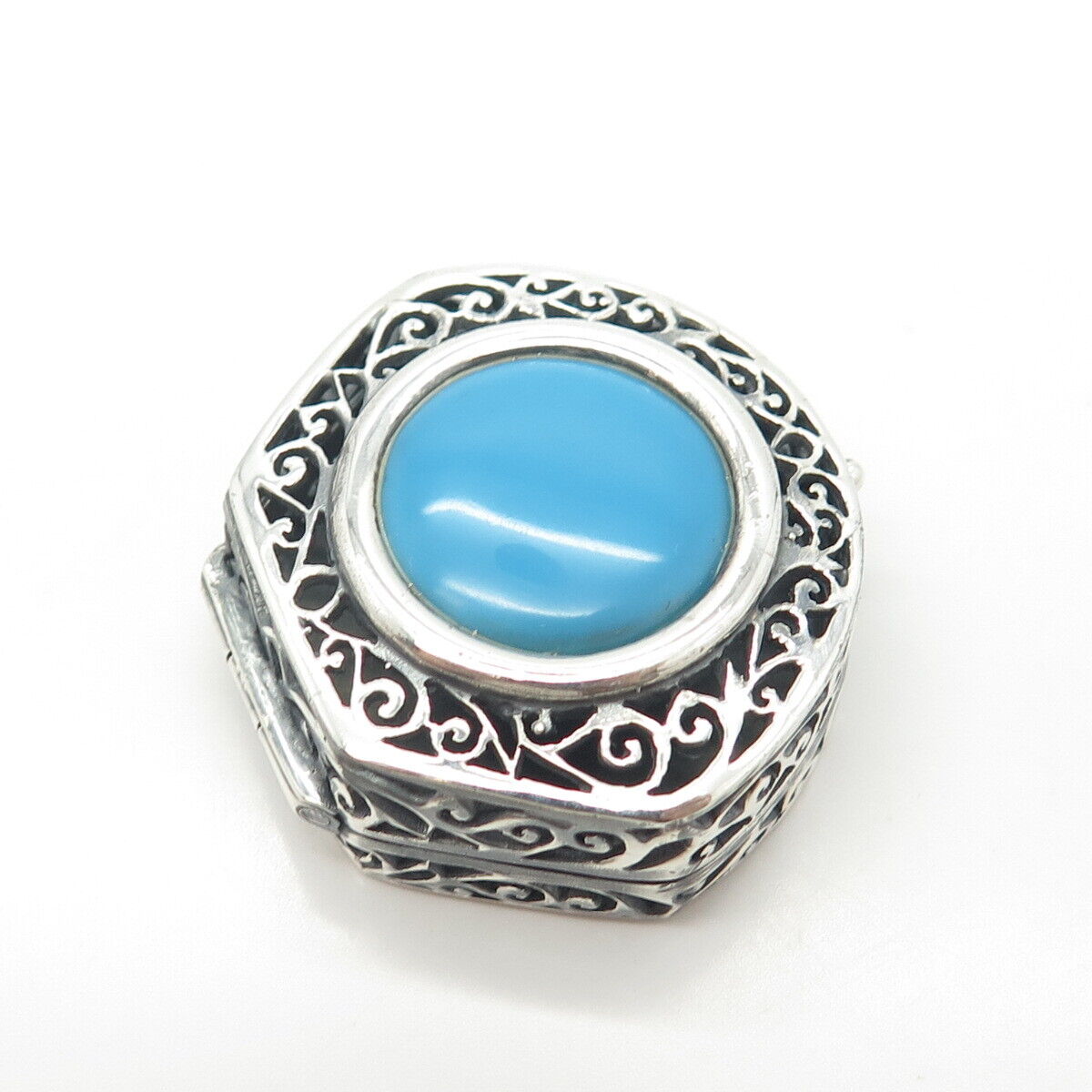 925 Sterling Silver Vintage Faux Turquoise Ornate Box / Case