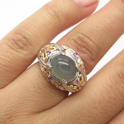 925 Sterling Silver 2-Tone Real Moonstone & Amethyst Ring Size 5.25