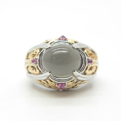 925 Sterling Silver 2-Tone Real Moonstone & Amethyst Ring Size 5.25