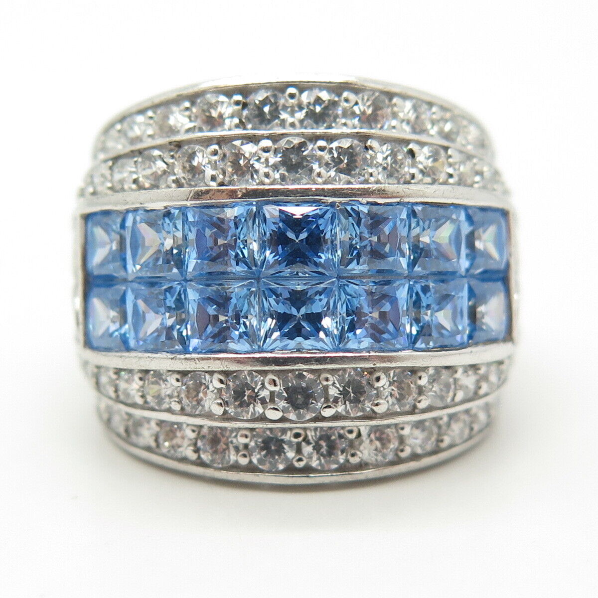 925 Sterling Silver White & Blue C Z Invisible Setting Ring Size 5