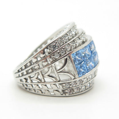 925 Sterling Silver White & Blue C Z Invisible Setting Ring Size 5