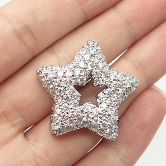 925 Sterling Silver White C Z Cluster Open Star Slide Pendant