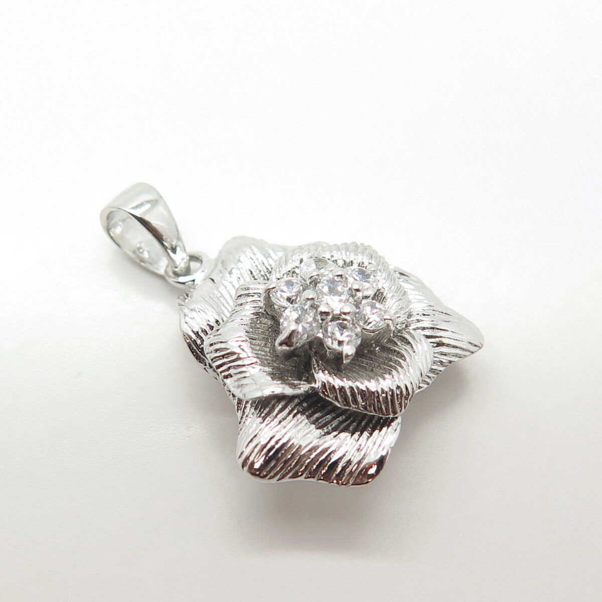 925 Sterling Silver White C Z Floral Blossom Pendant