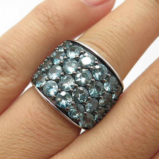 925 Sterling Silver Real Blue Topaz Cluster Wide Ring Size 5