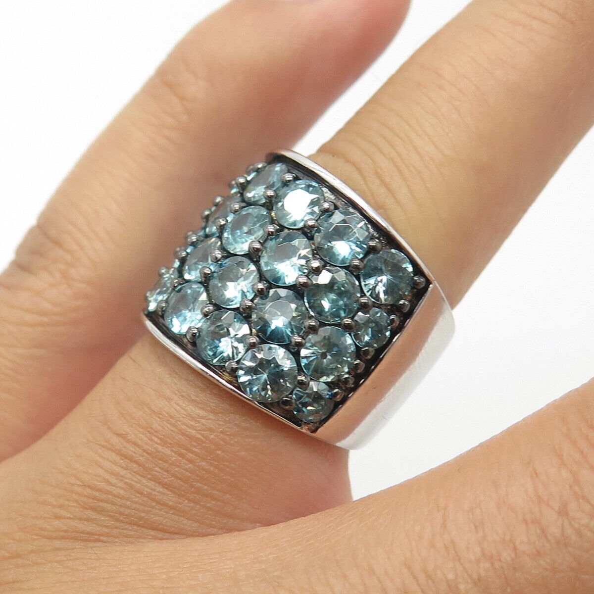 925 Sterling Silver Real Blue Topaz Cluster Wide Ring Size 5