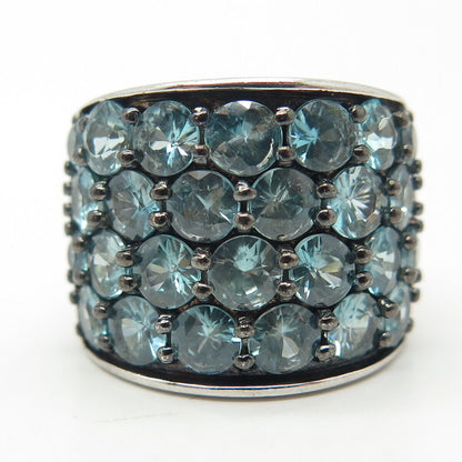 925 Sterling Silver Real Blue Topaz Cluster Wide Ring Size 5