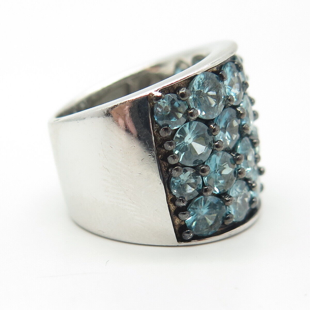 925 Sterling Silver Real Blue Topaz Cluster Wide Ring Size 5