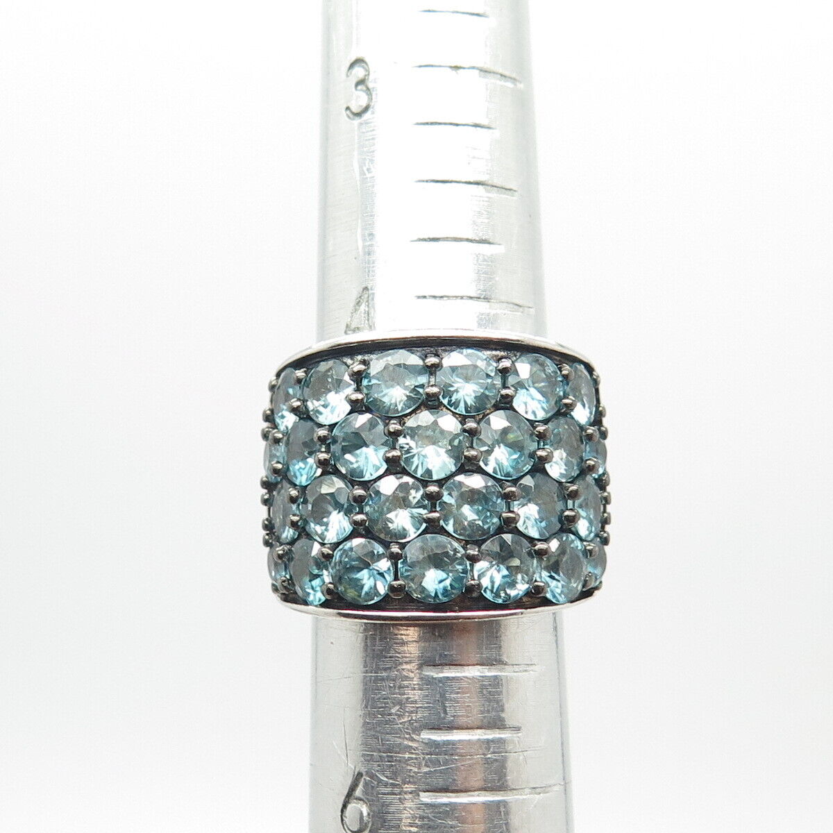 925 Sterling Silver Real Blue Topaz Cluster Wide Ring Size 5