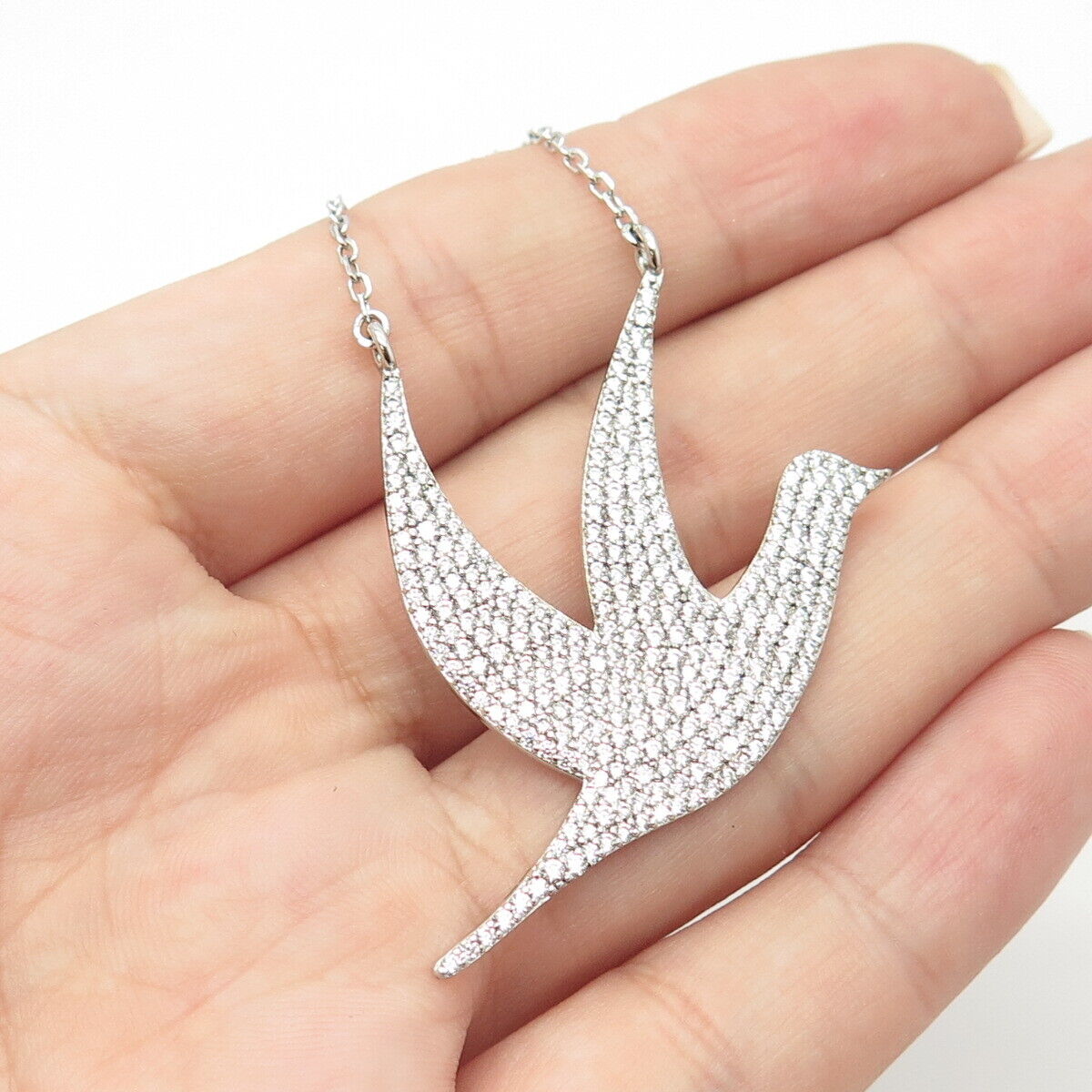 925 Sterling Silver Pave C Z Flying Bird Rolo Chain Necklace 18"