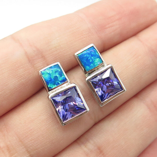 925 Sterling Silver Real Blue Opal Gemstone & Lavender C Z Stud Earrings