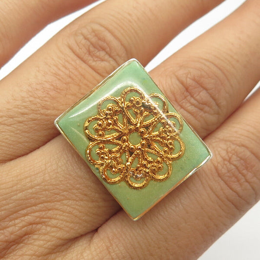 925 Sterling Silver 2-Tone Vintage Green Enamel Floral Ring Size 7.5