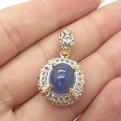 925 Sterling Silver 2-Tone Real White Topaz & Tanzanite Gemstone Pendant