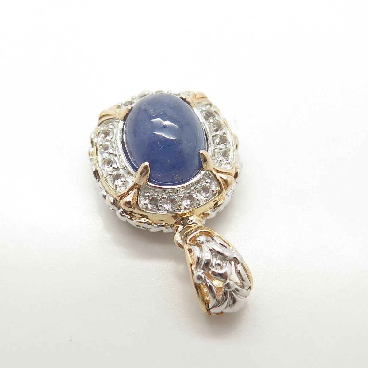 925 Sterling Silver 2-Tone Real White Topaz & Tanzanite Gemstone Pendant