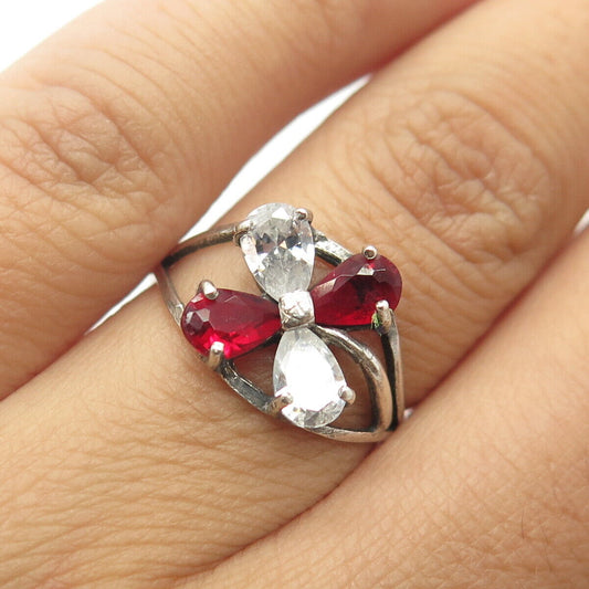 925 Sterling Silver Vintage Red & White C Z Floral Ring Size 6.5