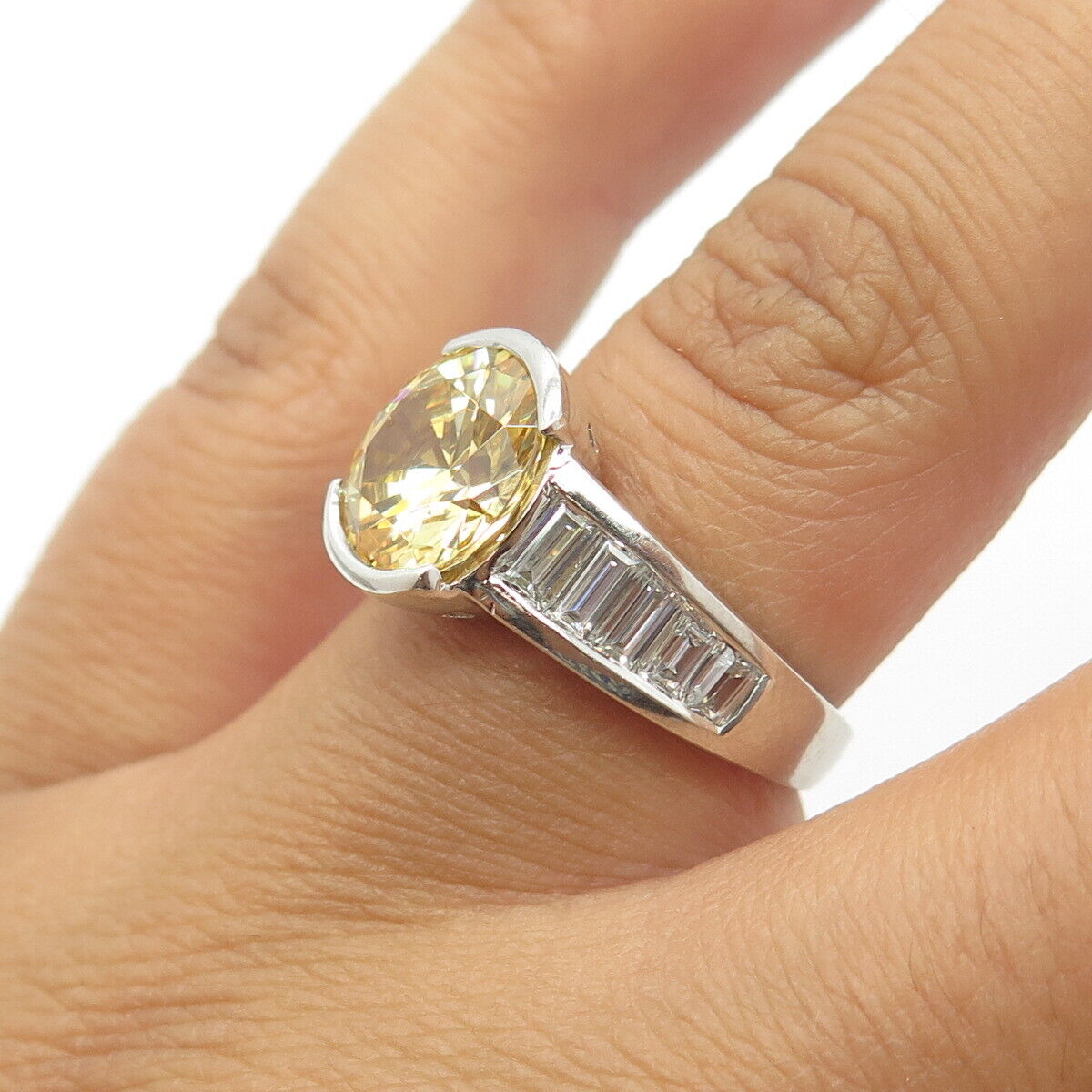 925 Sterling Silver Veda Yellow & White C Z Engagement Ring Size 5.75