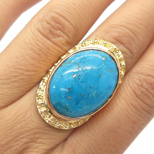 925 Sterling Silver Gold Plated Vintage Real Turquoise Statement Ring Size 6.75