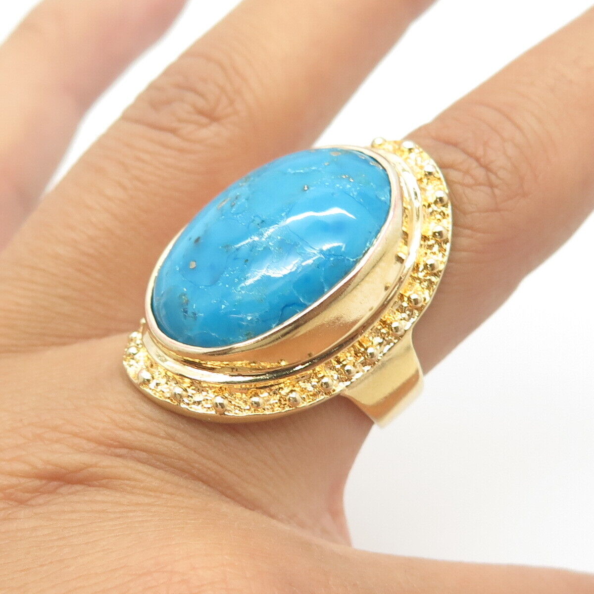 925 Sterling Silver Gold Plated Vintage Real Turquoise Statement Ring Size 6.75