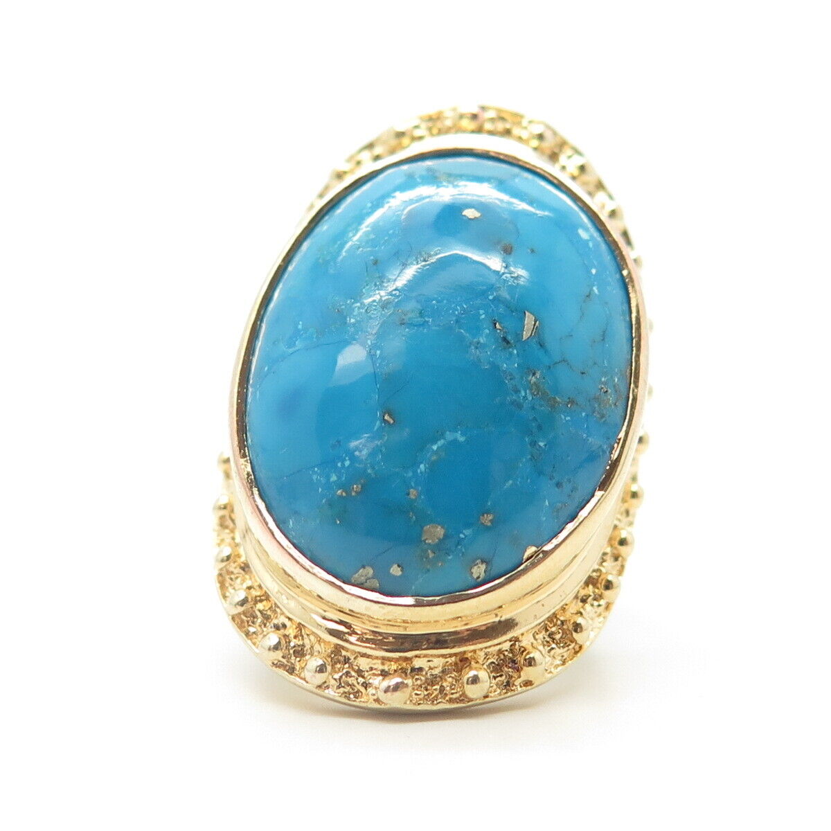 925 Sterling Silver Gold Plated Vintage Real Turquoise Statement Ring Size 6.75