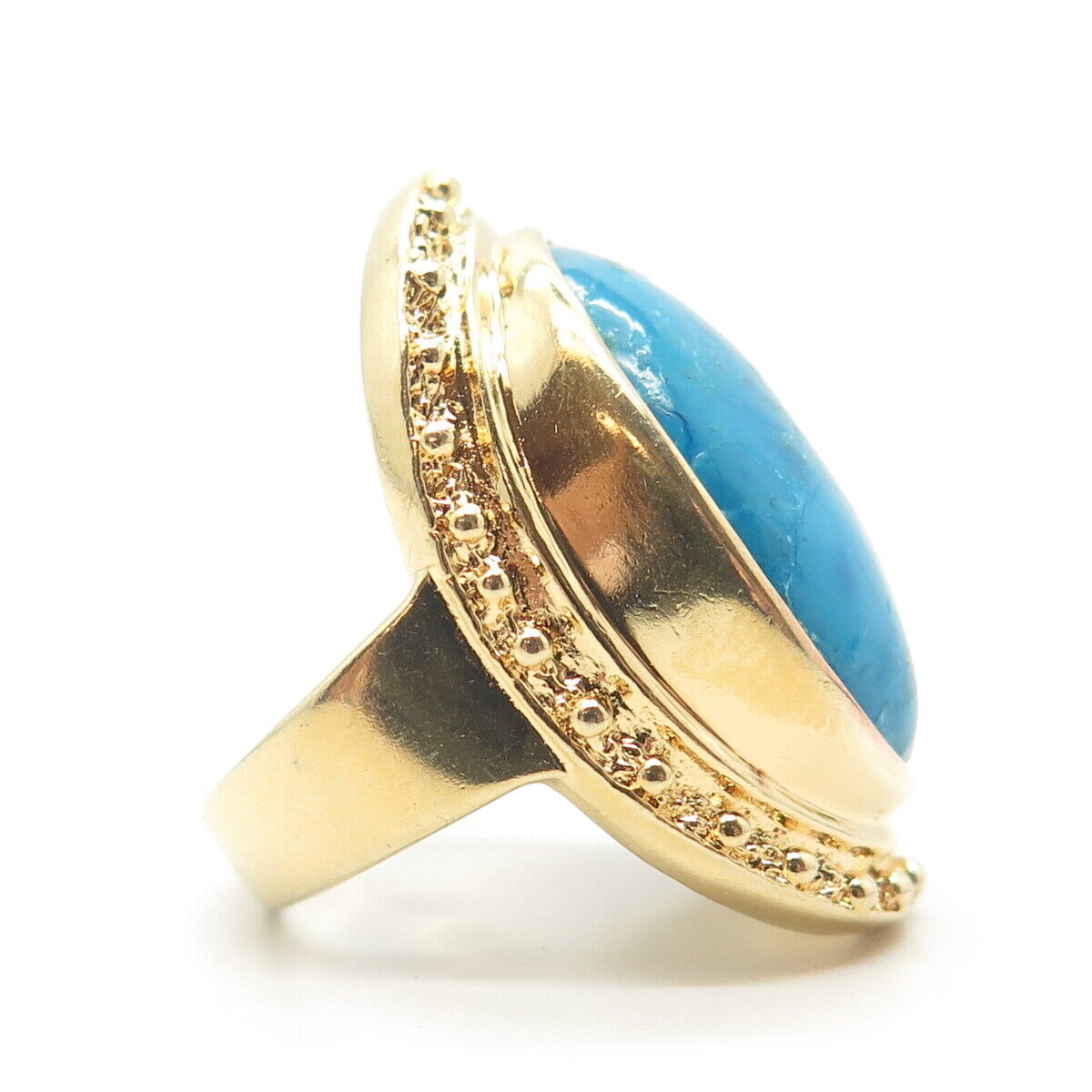 925 Sterling Silver Gold Plated Vintage Real Turquoise Statement Ring Size 6.75