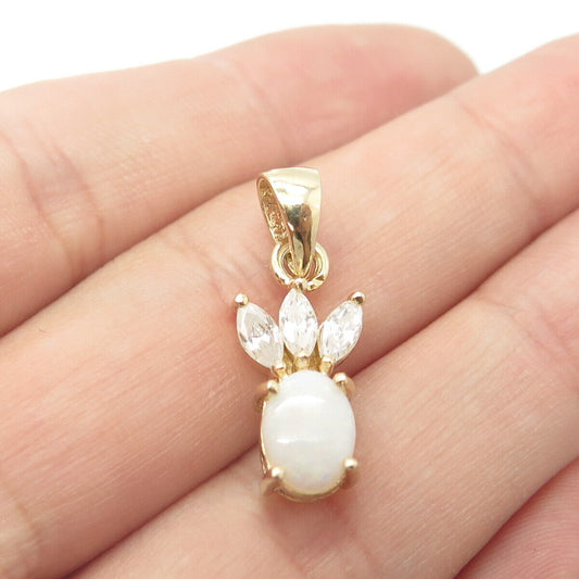 925 Sterling Silver Gold Plated Real Opal & White C Z Charm Pendant