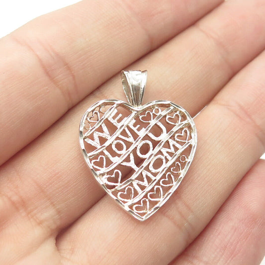 925 Sterling Silver Vintage "We Love You Mom" Ornate Heart Pendant